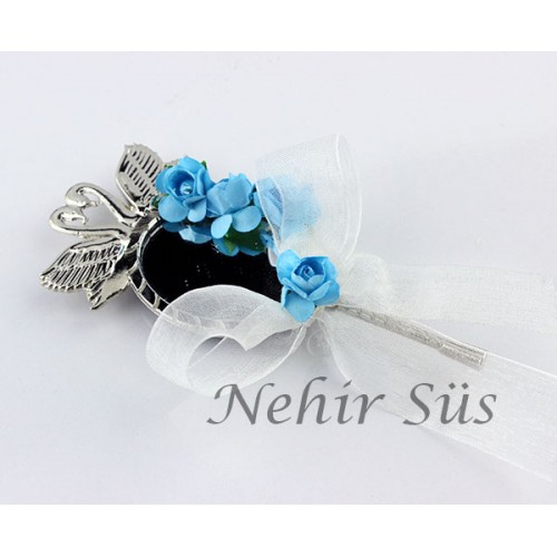 Mavi Süslemeli Metal Kuğu Ayna